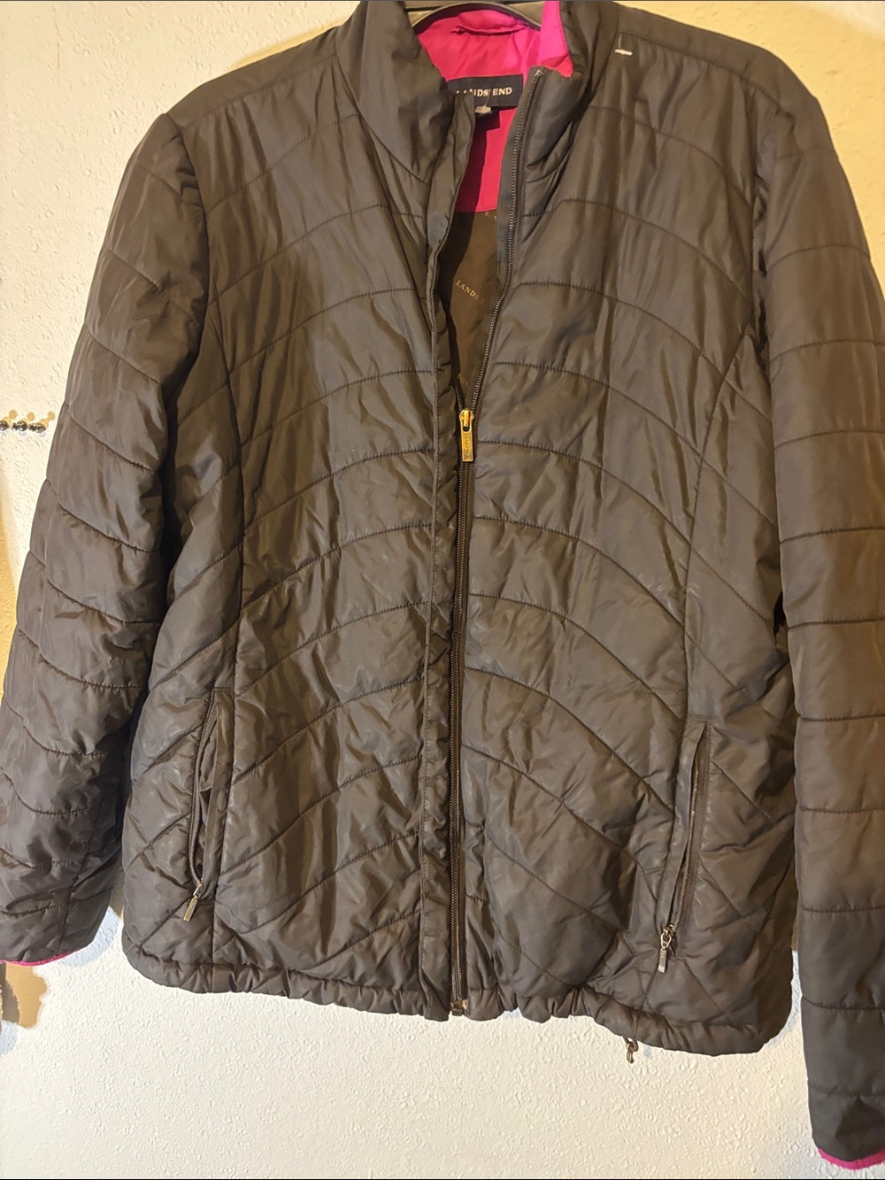 Lands' End Black Quilted Puffer Jacket with Pink Lining